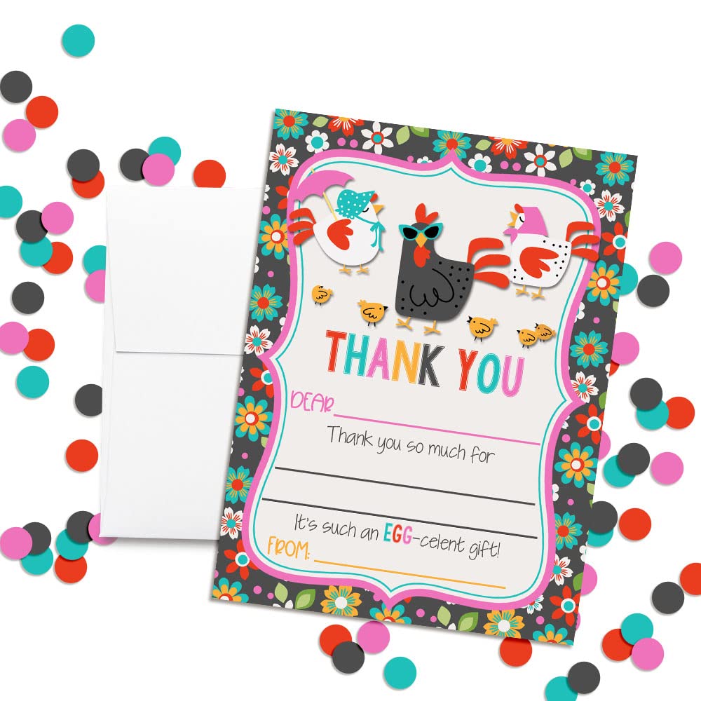 Amanda Creation Cool Chick Chicken Birthday Party Thank You Notes, Ten 4" x 5.5" Fill-In the Blank Cards with 10 White Envelopes