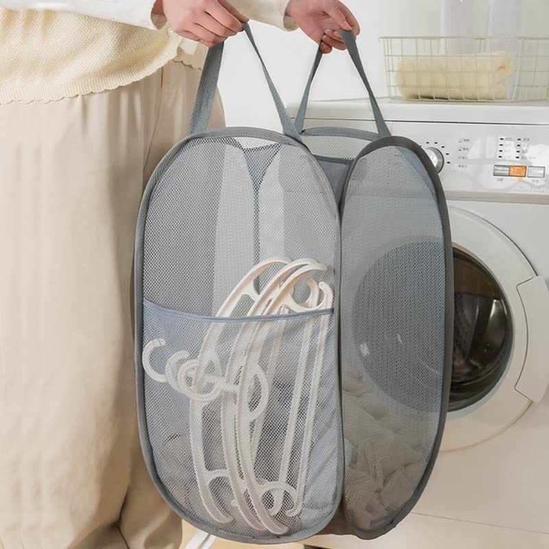 2 Pack Pop Up Collapsible Laundry Baskets, Foldable Mesh Popup Laundry Hamper with Reinforced Carry Handles, Folding Pop-Up Clothes Hampers are Great for Kids Room, College Dorm or Travel