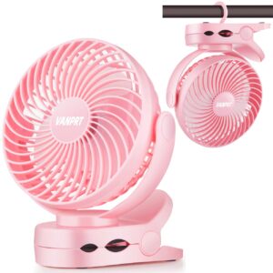 VANPRT 6'' Clip Fan, Portable Clamp Fan with Hanging Hook, 5000mAh Rechargeable Battery Fan, 3 Speeds, 720° Rotation, Quiet, Strong Grip Clamp, 7-30 Working Hours for Camp Stroller Bed - Pink