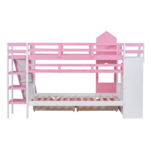 CITYLIGHT Castle Bunk Bed Twin over Twin,Wooden Bunk Beds with Slide and Storage Stairs,Space Saving Twin Bunk Bed with 2 Drawers and 3 Shelves,Kids Bunk Bed for Girls Boys,Pink