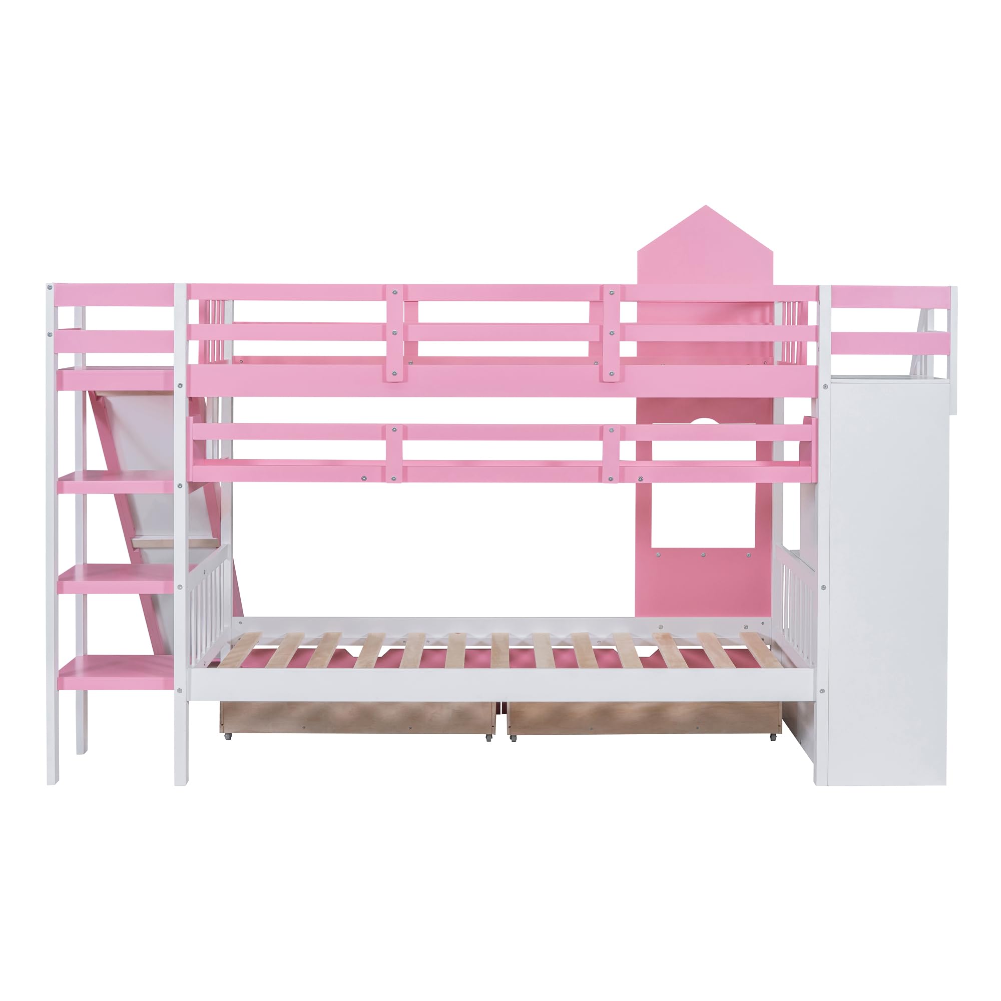 CITYLIGHT Castle Bunk Bed Twin over Twin,Wooden Bunk Beds with Slide and Storage Stairs,Space Saving Twin Bunk Bed with 2 Drawers and 3 Shelves,Kids Bunk Bed for Girls Boys,Pink