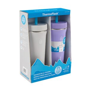 Thermoflask Tumbler - BPA-Free Water Tumblers - Durable, Reusable Tumblers with Plastic Lids & Straws - Travel Water Container with Temp-Lock Technology - 32 oz, Purple/Grey (2 Pack)