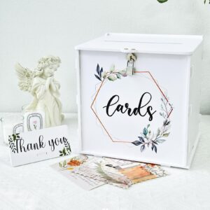 ourwarm white wedding card box with lock, pvc gift card box for wedding reception, eucalyptus diy wedding envelope money card box for party graduation birthday baby shower decorations