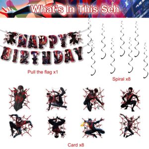 Miles Morales Birthday Decorations Cartoon Spider Party Decorations Banner and Hanging Swirls for Kid, Boys and Girls Black Spider Happy Birthday Banners