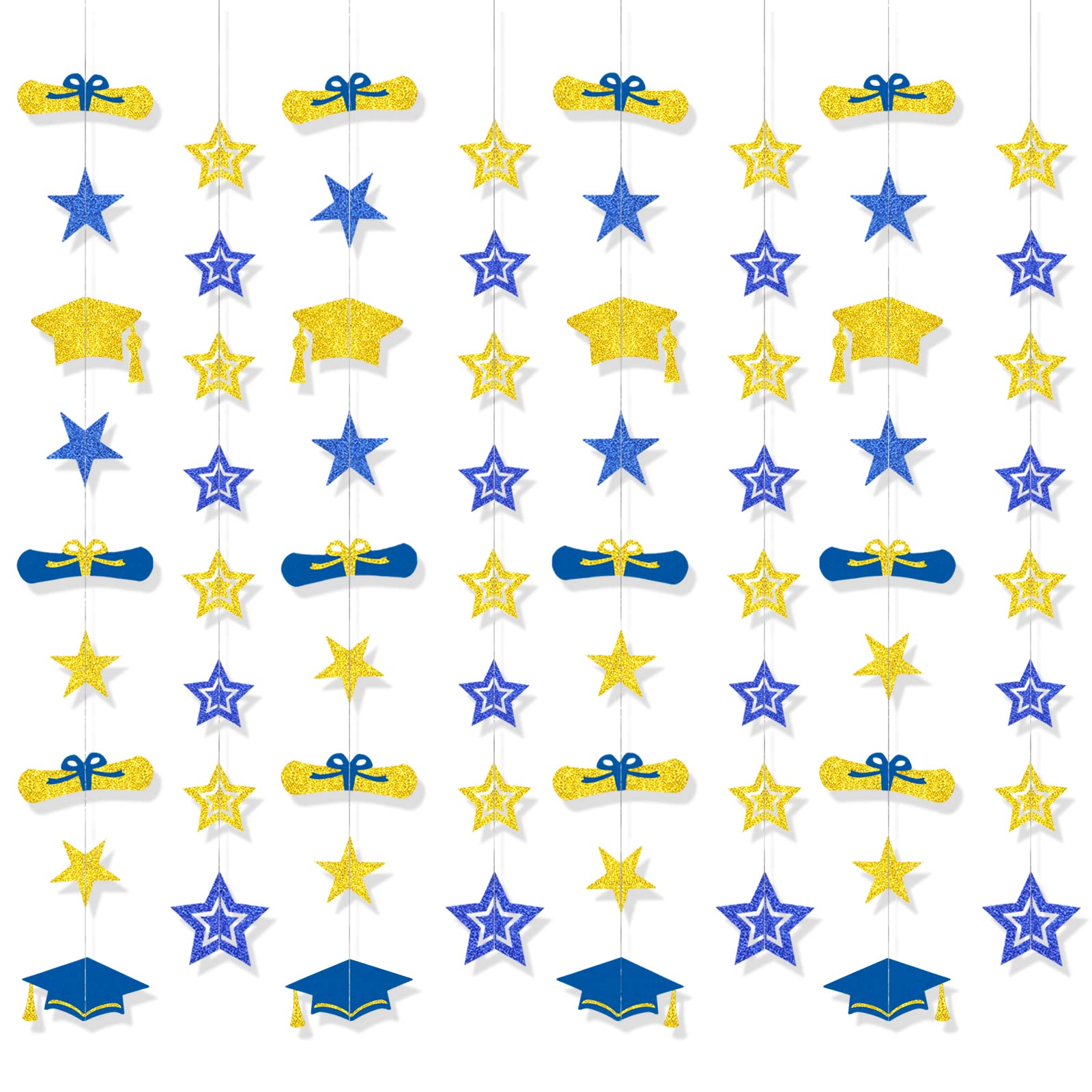 8-Pack 2024 Graduation Party Decorations - Blue Gold Glitter Backdrop with Cap, Diploma & Star Garland Banner Hanging Decor - Perfect for High School, College, and Middle School Graduation Parties