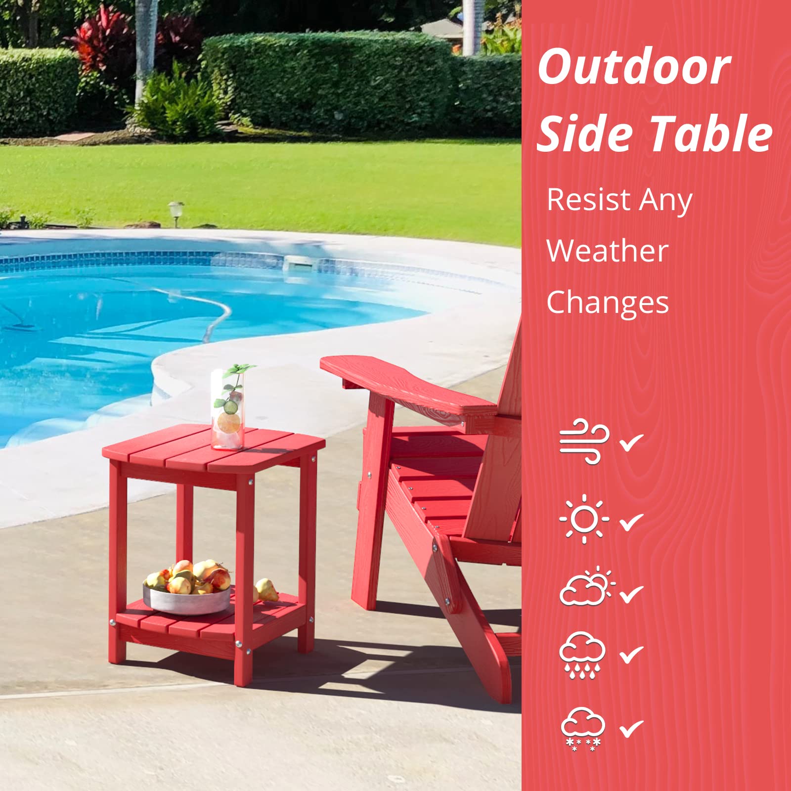 LUE BONA Adirondack Outdoor Side Table, Bright Red HDPS Outdoor Patio End Table Weather Resistant, Pool Composite Plastic Morden Side Table for Patio, Pool, Porch, Garden, Lawn