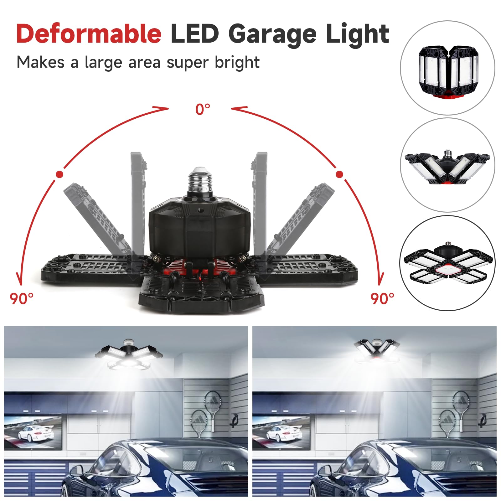 Yiliaw 200W Super Bright LED Garage Light 20000LM Shop Lights with 12 Adjustable Panels, 6500K Daylight Deformable Ceiling Light Fixture, Screw in Garage Lights Bulb for Warehouse Workshop Office