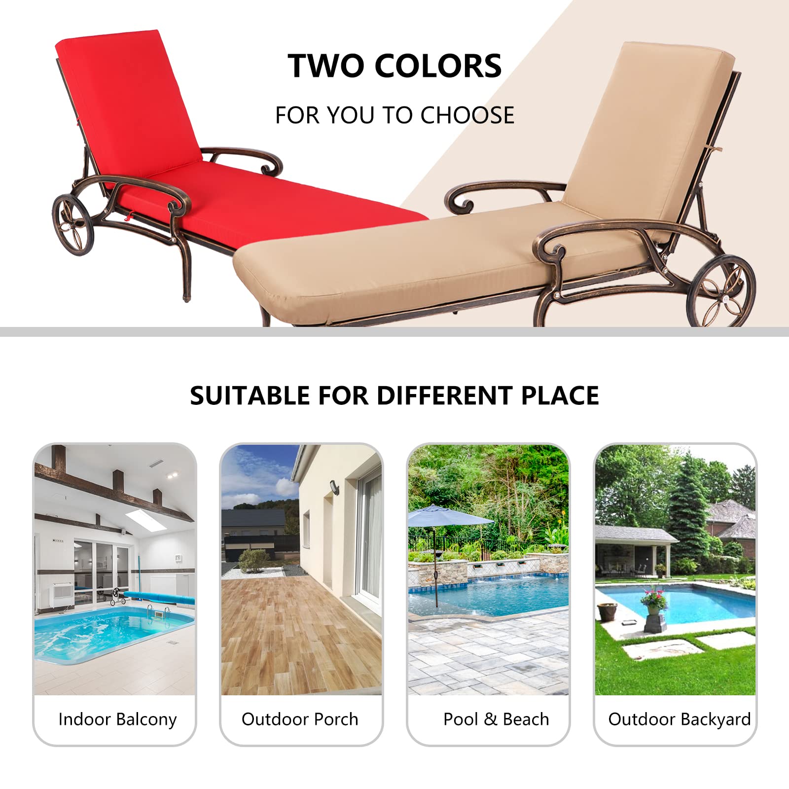 Grepatio Lounge Chairs for Outdoor, Patio Lounge Chaise Cast Aluminum Chairs with Cushion, Chaise Lounge Chair with Adjustable Backrest and Moveable Wheels for Pool Beach (Bronze Khaki Cushion*2)