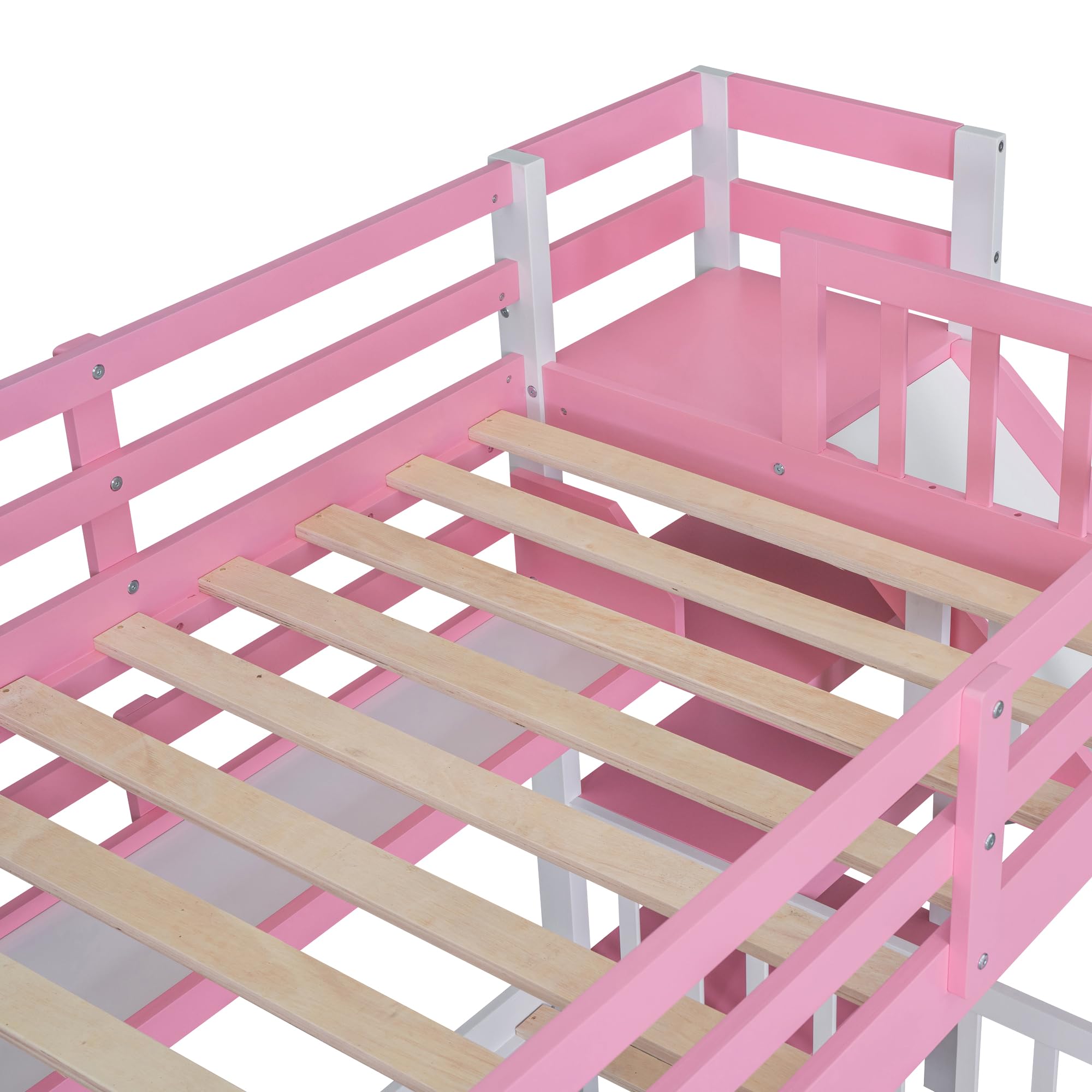 CITYLIGHT Castle Bunk Bed Twin over Twin,Wooden Bunk Beds with Slide and Storage Stairs,Space Saving Twin Bunk Bed with 2 Drawers and 3 Shelves,Kids Bunk Bed for Girls Boys,Pink