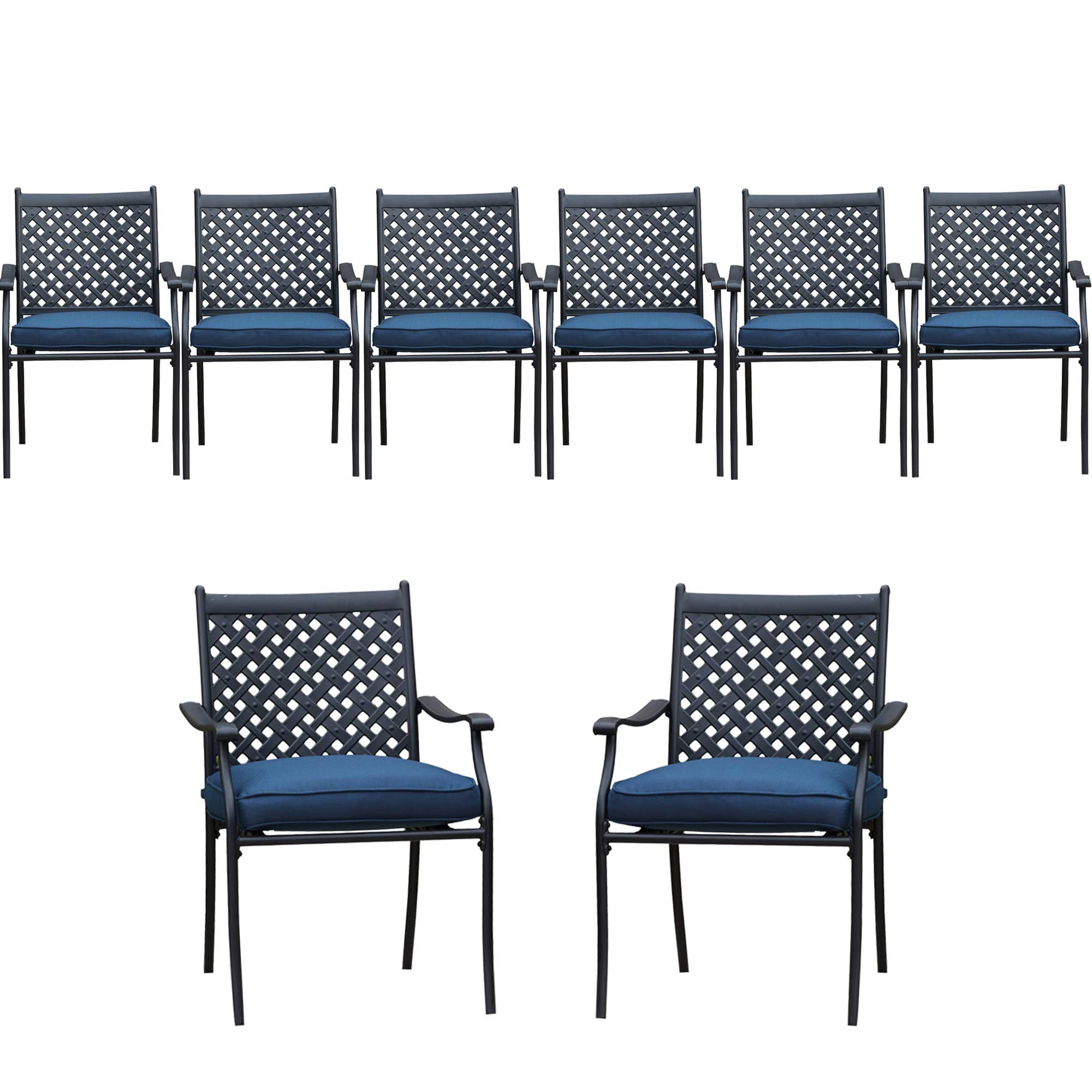 LOKATSE HOME 8 Piece Outdoor Patio Dining Chair Set Metal Furniture with Arms and Seat Cushions, Blue