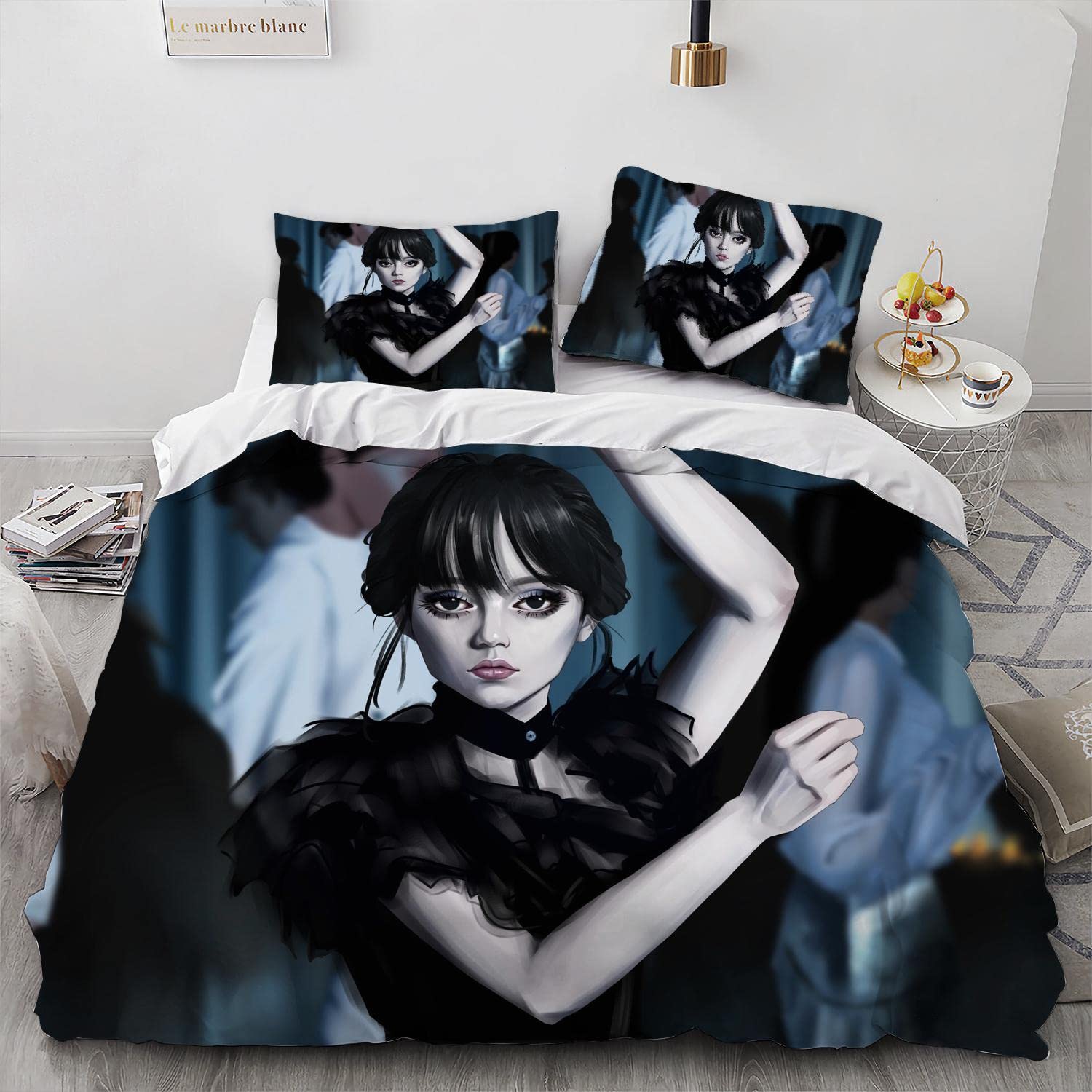 MARRKT Wednesday TV Play Addams Girl Duvet Cover Set, 100% Microfiber Bedding Sets, 3 Pieces Ultra Soft Skin-Friendly Comforter Cover Set (1 DuvetCover+2 Pillowcase) (02,Twin 68×86inch)