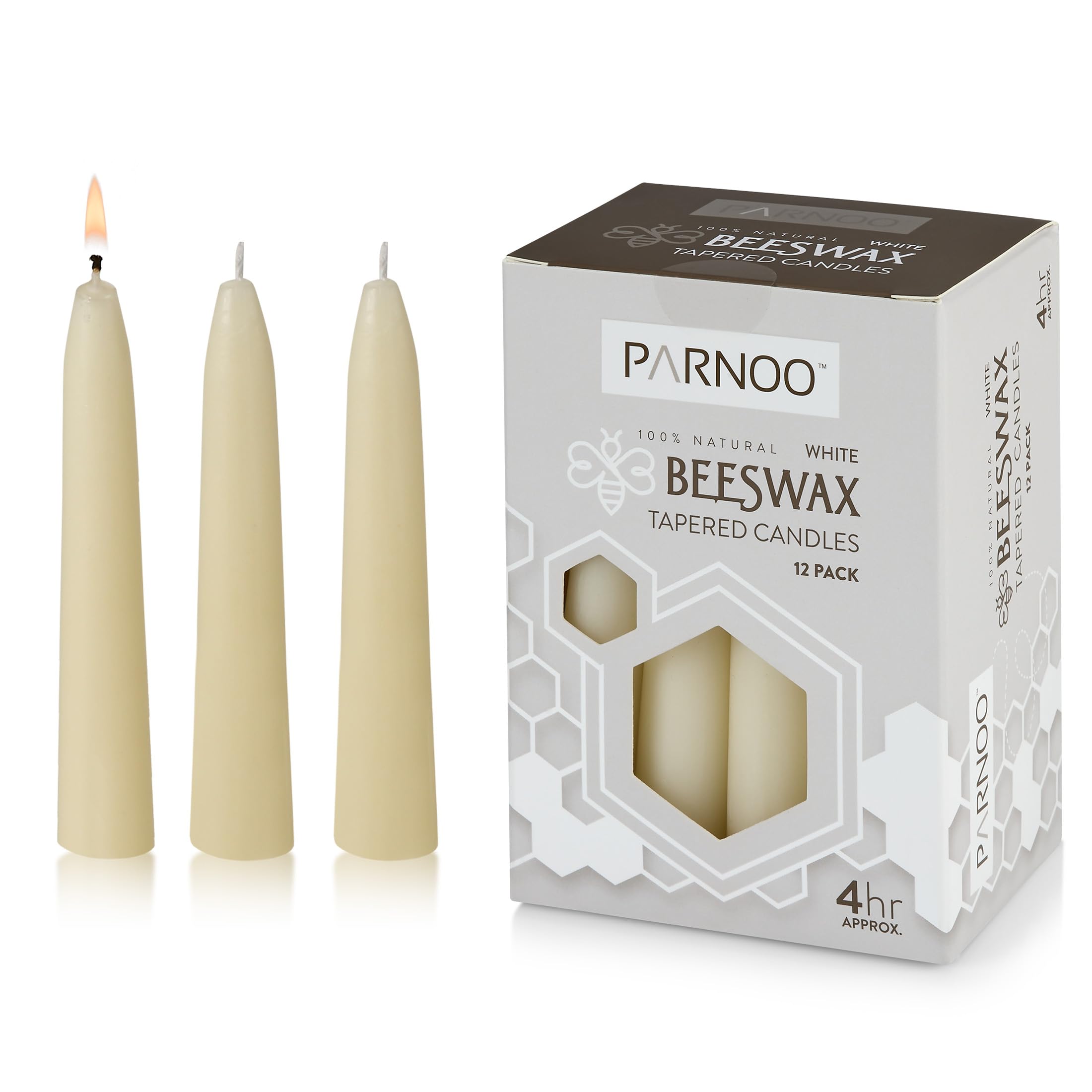 PARNOO 100% Natural White Beeswax 5 Inch Tall Tapered Candles, 4 Hours Burn time - Pack of 12 (Dripless and Smokless)