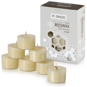 PARNOO 100% Natural White Beeswax Tealight Candles in Clear Plastic Cups, 6 Hours Burn time - Pack of 24