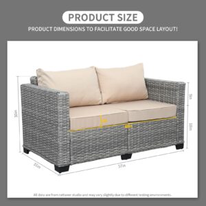 Rattaner Outdoor Furniture Loveseat Sofa Balcony Furniture Outdoor Loveseat 2 Seater Couch Small Sofa with Anti-Slip Outdoor Cushion Lumbar Pillow and Furniture Cover, Grey