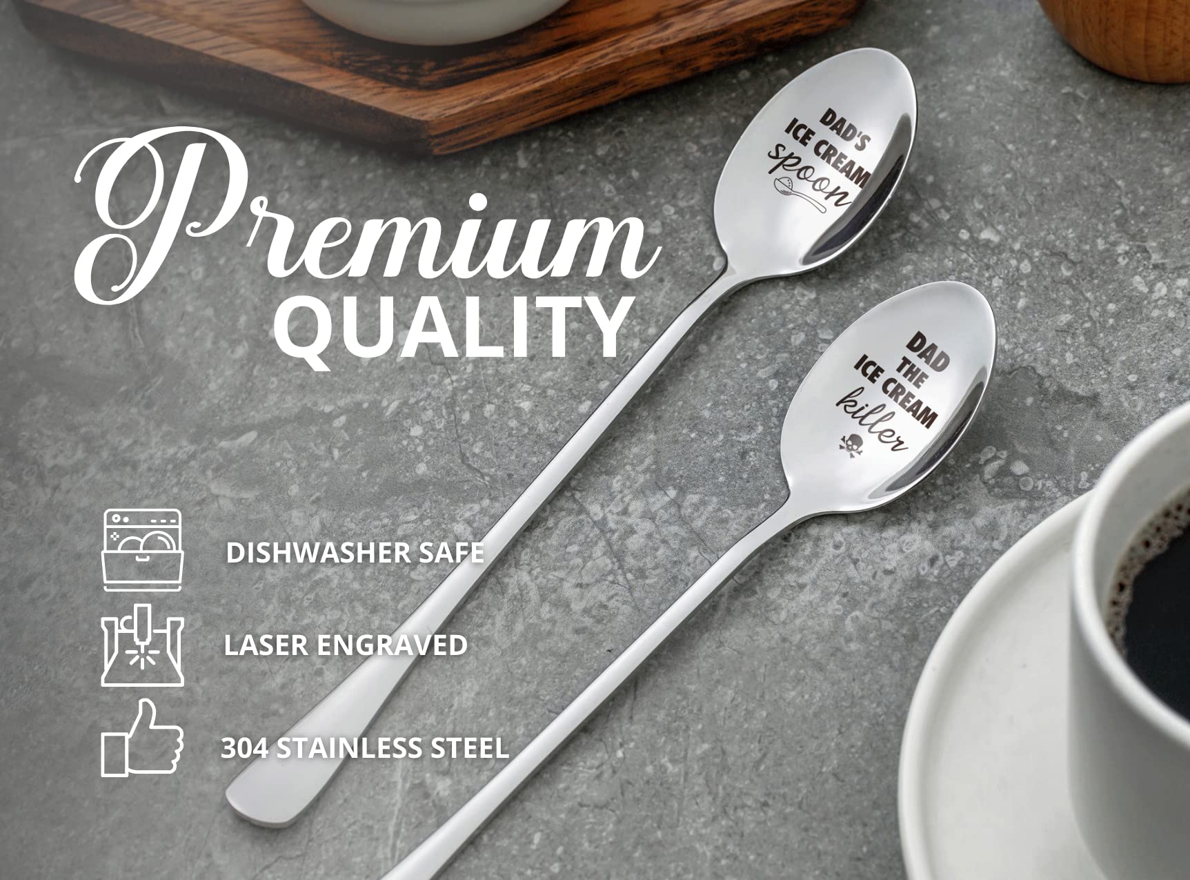 Dads Ice Cream Spoon, 2 Pcs Stainless Steel Coffee Spoons Set, Gifts for Dad on Birthday/Christmas/Thanksgiving, Gift Ready Package, DAD THE ICE CREAM KILLER