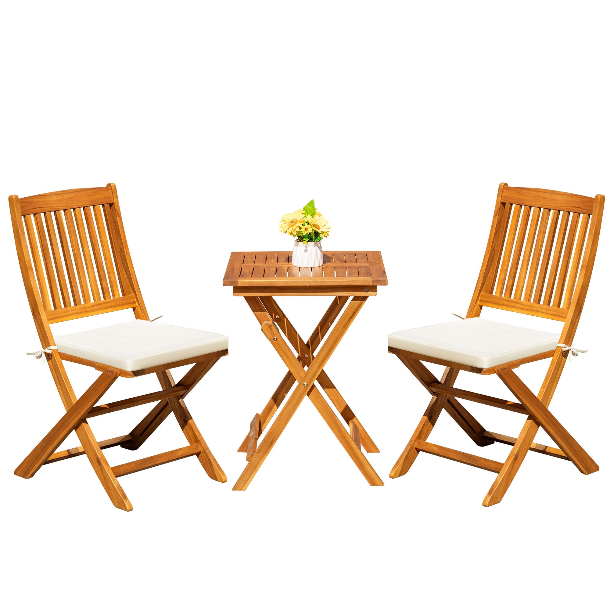 Greesum 3 Piece Patio Folding Furniture Bistro Set with 2 cushions for Pool Beach Backyard Balcony Porch Deck Garden, Acacia Wood