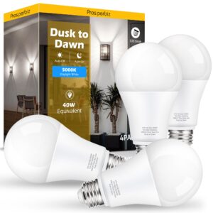 dusk to dawn led outdoor light bulbs 40w equivalent, a19 automatic on/off sensor light bulb daylight 5000k, dusk to dawn light bulbs for outdoor lighting porch garage backyard patio, 4 packs