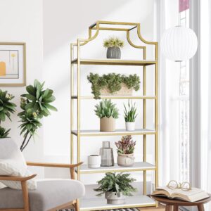 TooCust 5-Tier Gold Bookcase, 29.5" Lx70.6 H, Bookshelf for Bedroom,Gold Book Display Shelf, Arched Bookcase, Organizer Rack for Living Room, Gold Freestanding Display Shelf,White and Gold Bookshelf