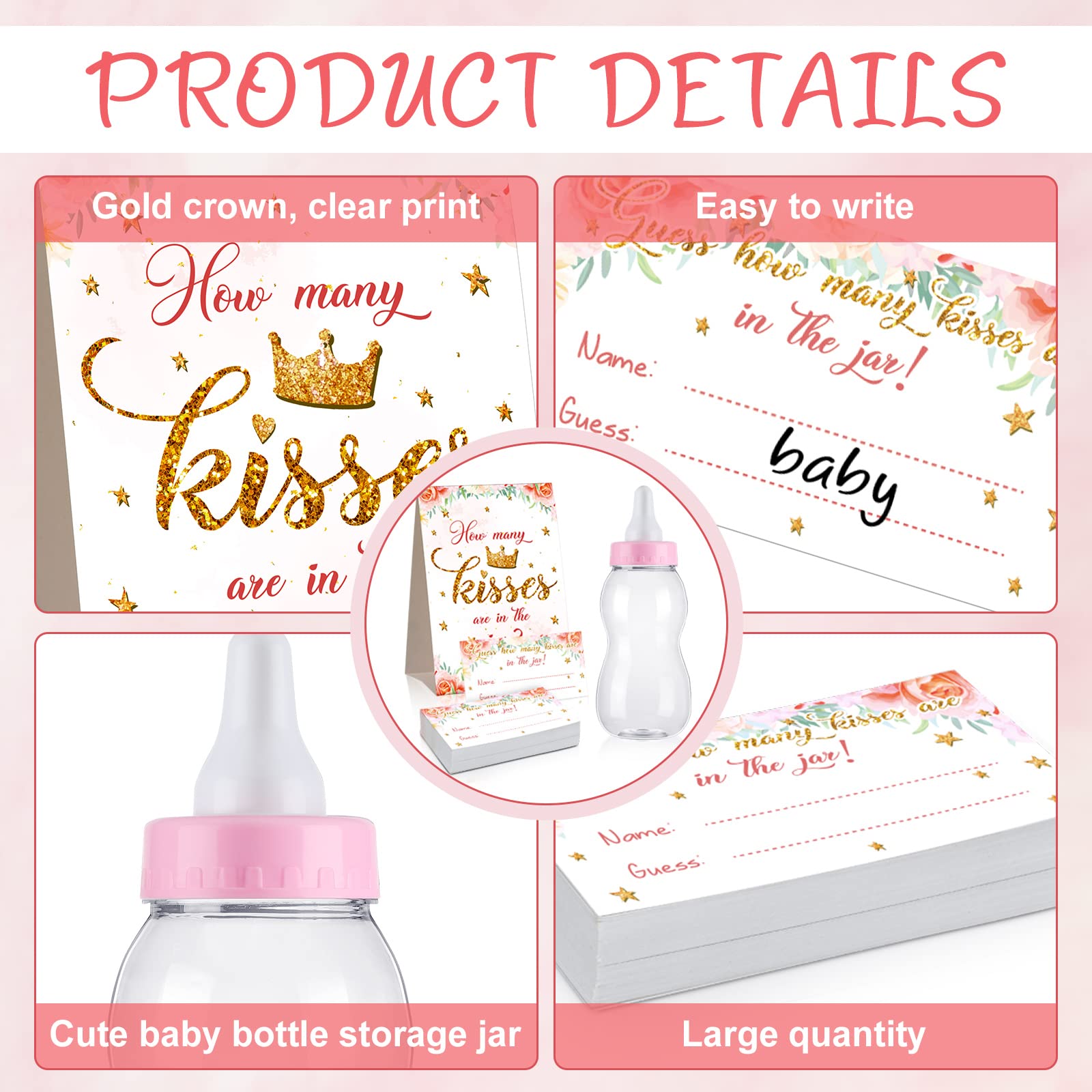 Fuutreo Guess How Many Baby Shower Game Sign with 50 Cards Floral Greenery Baby Shower Decorations with 2.76 x 2.76 x 8.27 Inch Baby Bottles for Girl Boy Party Games Favor Gift (Cute Style)