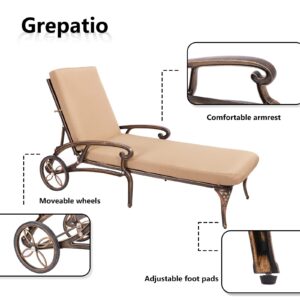 Grepatio Lounge Chairs for Outdoor, Patio Lounge Chaise Cast Aluminum Chairs with Cushion, Chaise Lounge Chair with Adjustable Backrest and Moveable Wheels for Pool Beach (Bronze Khaki Cushion*2)