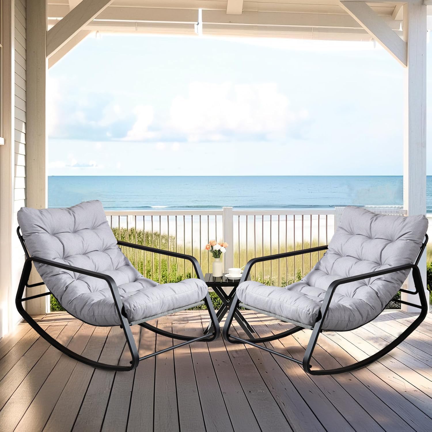 WQSLHX Oversized Patio Rocking Chair with Cushion, Indoor Metal Lounge Rocker Chair, Outdoor Lazy Chair for Front Porch, Garden, Backyard, Lawn, Gray