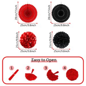 Recosis Red and Black Party Decorations, Papar Fans Pompoms Fans Garlands for Birthday Wedding Graduation Game Night Boy Girl Party Decorations