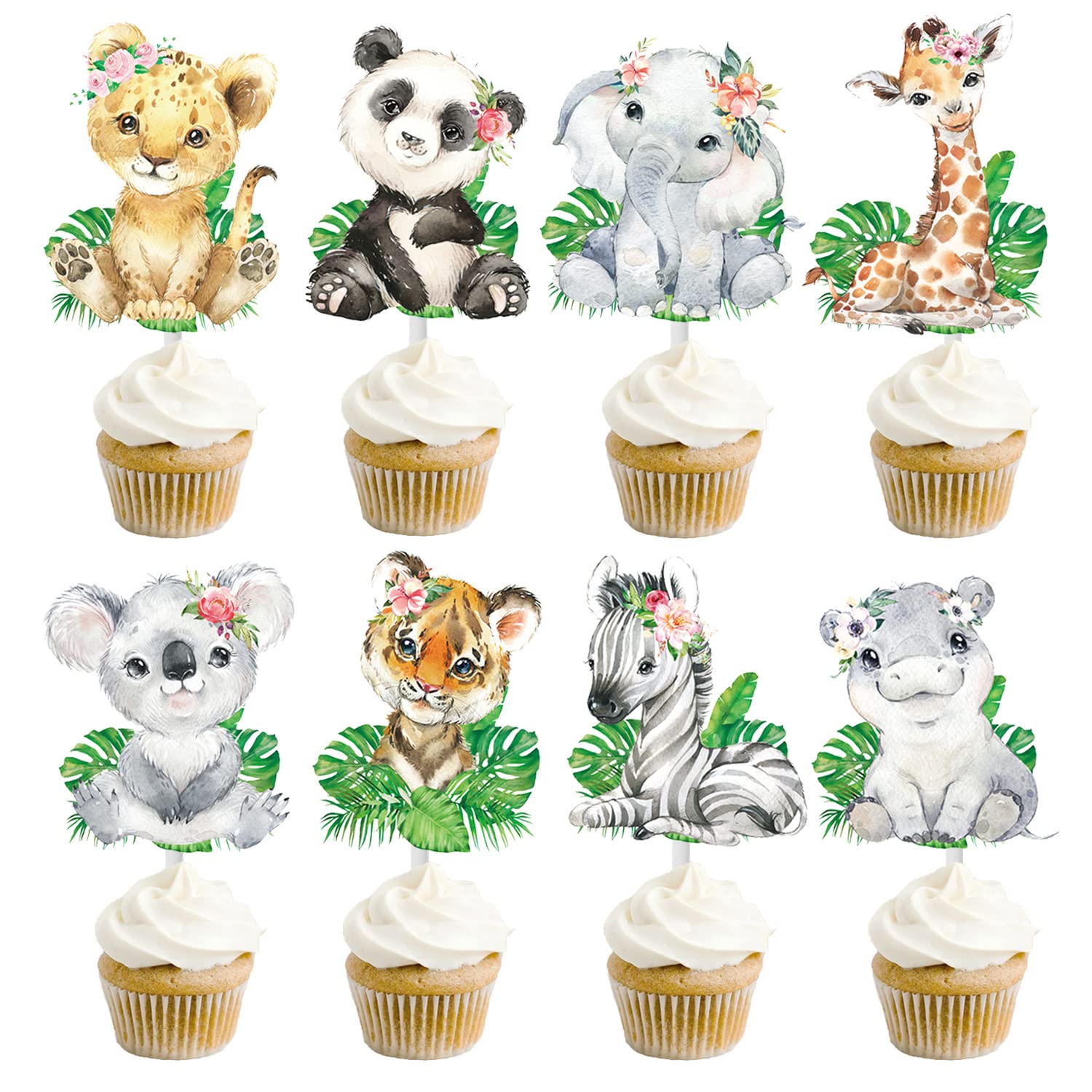 24pcs Jungle Safari Animal Cupcake Toppers Wild Animal Cake Toppers Jungle Party Decoration for Safari Jungle Theme Birthday Party Baby Shower Supplies