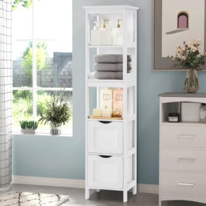 usikey 55.9" H Bathroom Storage Cabinet, Slim Tall Cabinet, Narrow Storage Cabinet with 2 Drawers & 3 Open Shelves, for Bathroom, Living Room, White