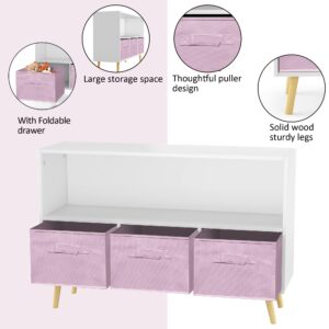 IAFIKE Toy Organizers and Storage, Kids Bookshelf with 3 Cube Fabric Bins and Drawers,Nursery Bookcases, Cabinets & Shelves Toddler Book Shelf for Bedroom,Playroom,Livingroom (Pink)