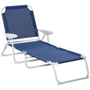 outsunny folding lounge chair, portable outdoor chaise lounge, sun tanning chair with 4-position reclining back, armrests, metal frame and mesh fabric for beach, yard, patio, blue