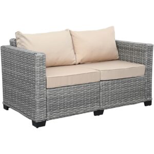 Rattaner Outdoor Furniture Loveseat Sofa Balcony Furniture Outdoor Loveseat 2 Seater Couch Small Sofa with Anti-Slip Outdoor Cushion Lumbar Pillow and Furniture Cover, Grey