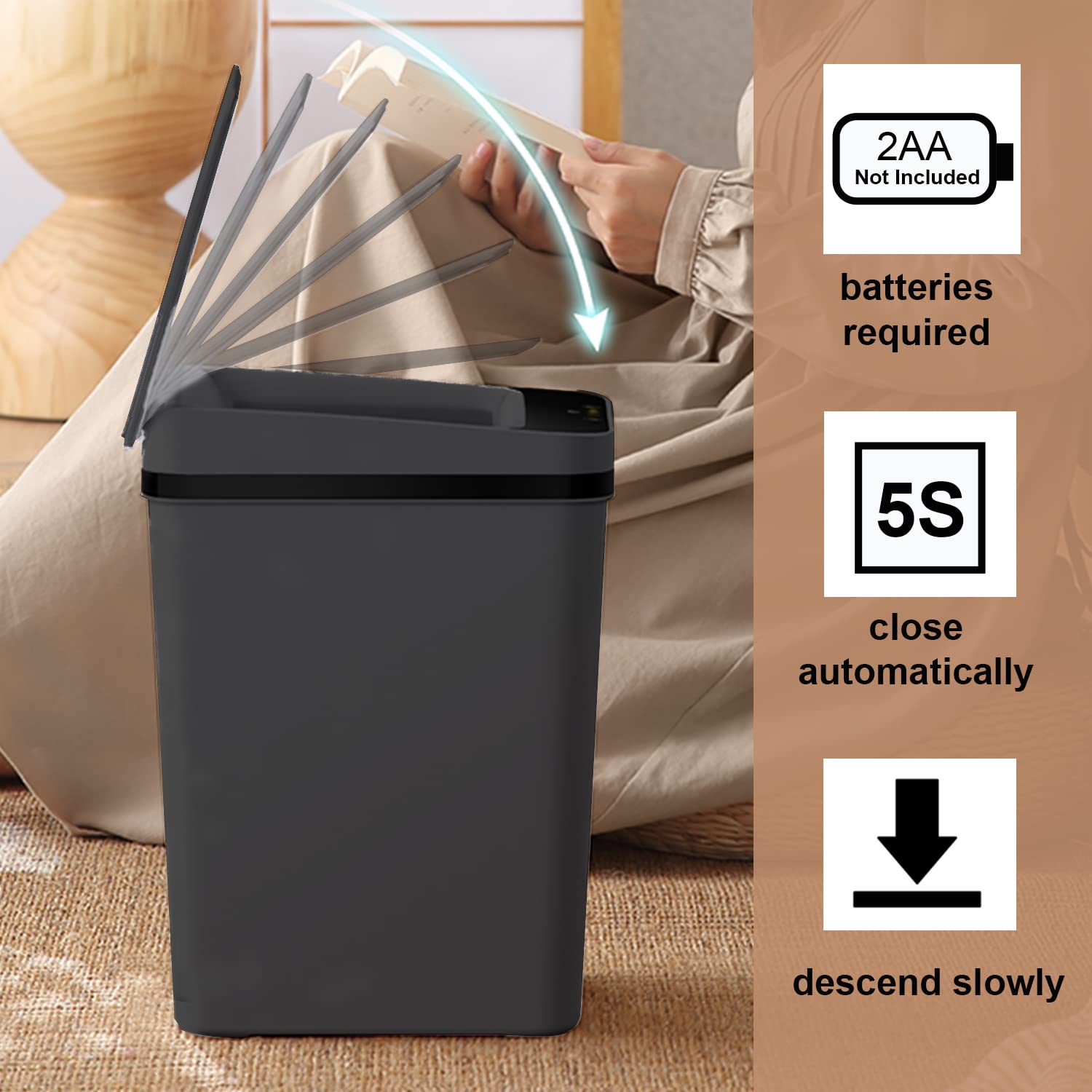 LALASTAR Automatic Trash Can, Small Bathroom Trash Can with Lid, Slim Touchless Garbage Can, Narrow Motion Sensor Trashcan, Smart Plastic Trash Bin for Bathroom, Bedroom, Kitchen, Black, 2.5 Gallon