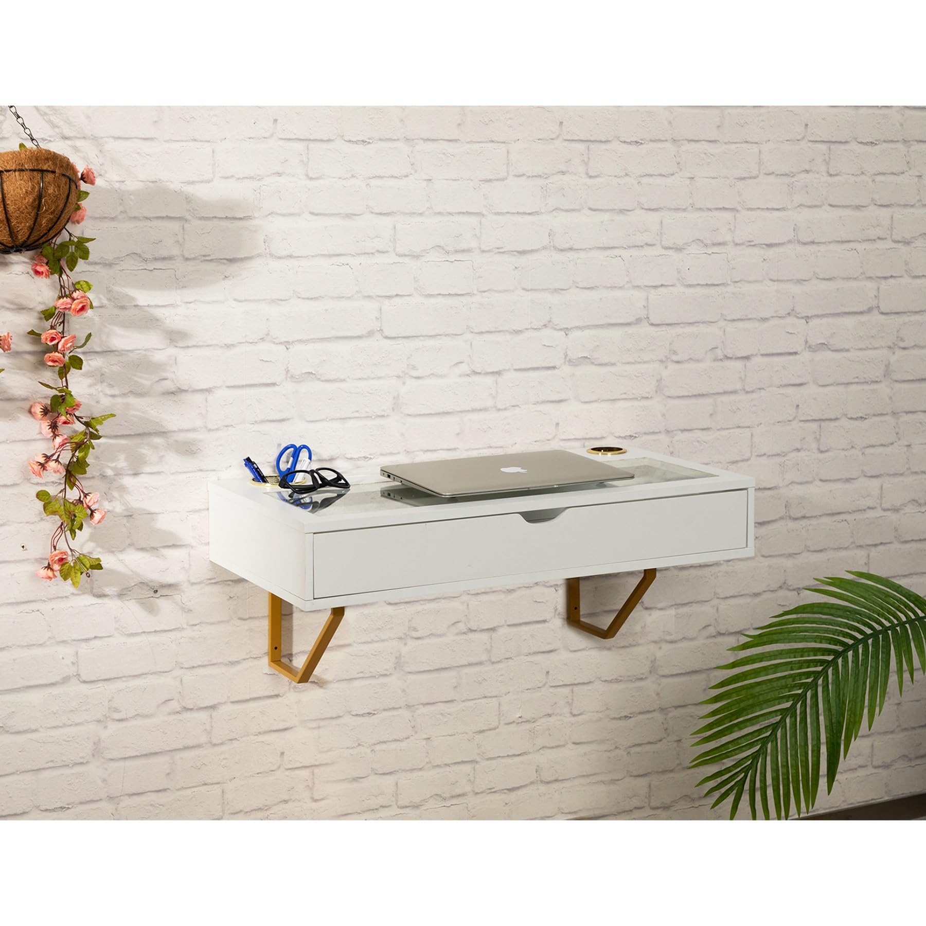 ALIMORDEN Floating Shelf with Drawer,Floating Drawer for Bathroom, White Wall Mounted Desk,Pull Out Drawer, 31 inch Surface, Floating Wall Desk, Hanging Desk, White