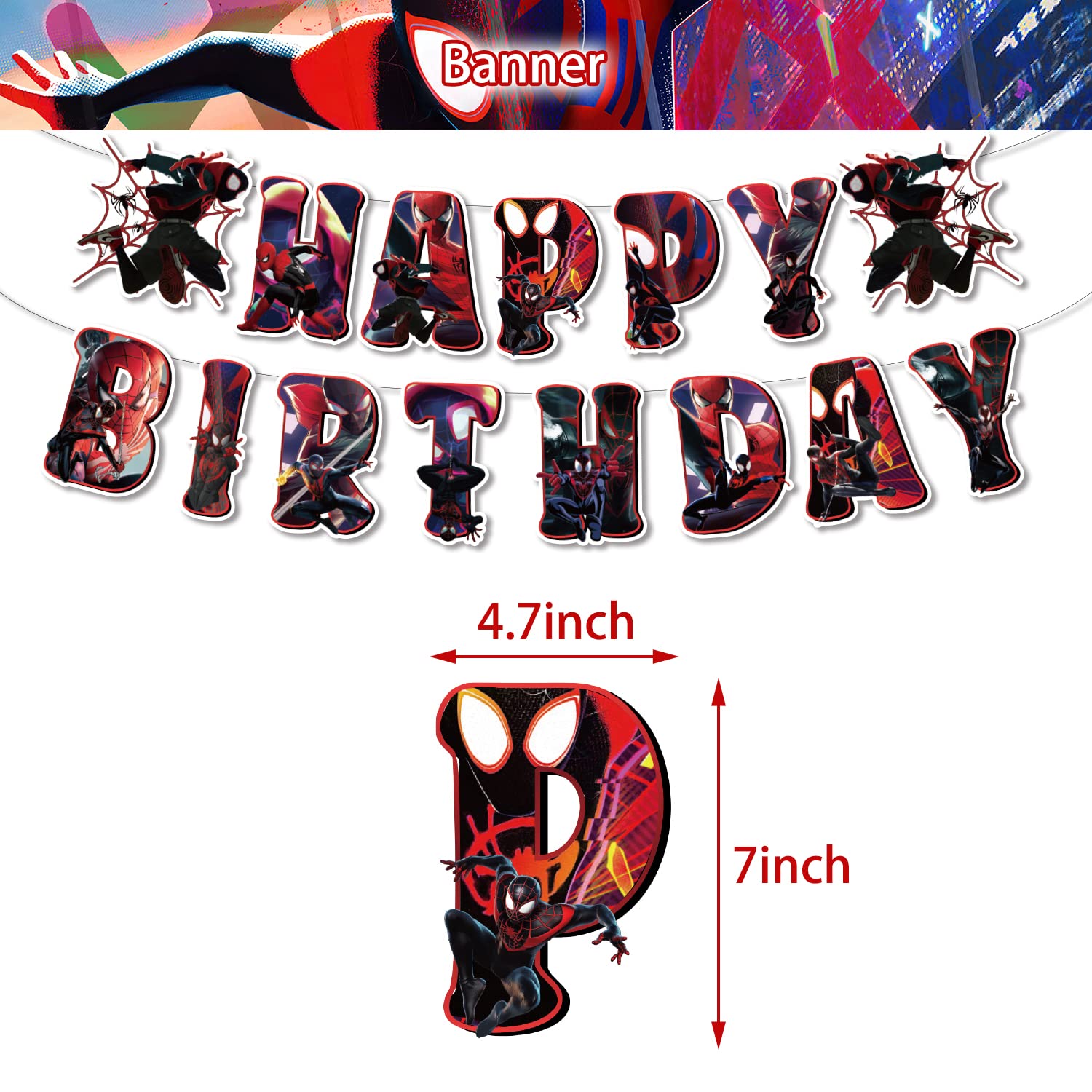 Miles Morales Birthday Decorations Cartoon Spider Party Decorations Banner and Hanging Swirls for Kid, Boys and Girls Black Spider Happy Birthday Banners