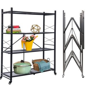 Foldable Shelves 4 Tier Heavy Duty Metal Storage Shelves with Wheels - No Assembly Collapsible Shelving Unit for Kitchen Garage Hold up to 1000 lbs