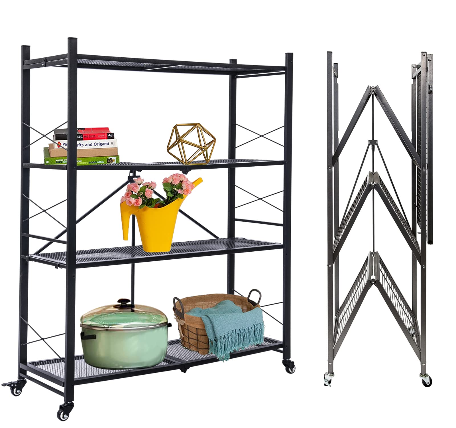 Foldable Shelves 4 Tier Heavy Duty Metal Storage Shelves with Wheels - No Assembly Collapsible Shelving Unit for Kitchen Garage Hold up to 1000 lbs