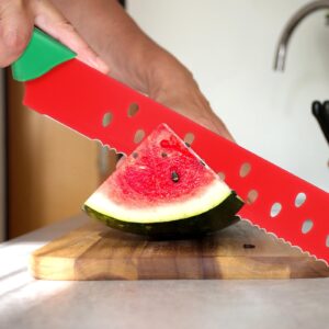 DECHOUS Watermelon Knife, Red Green Watermelon Knife with Sleeve, Kitchen Melon Cutting Knife Fruit Watermelon Cutter Slicer Tool for Kitchen Xmas Party