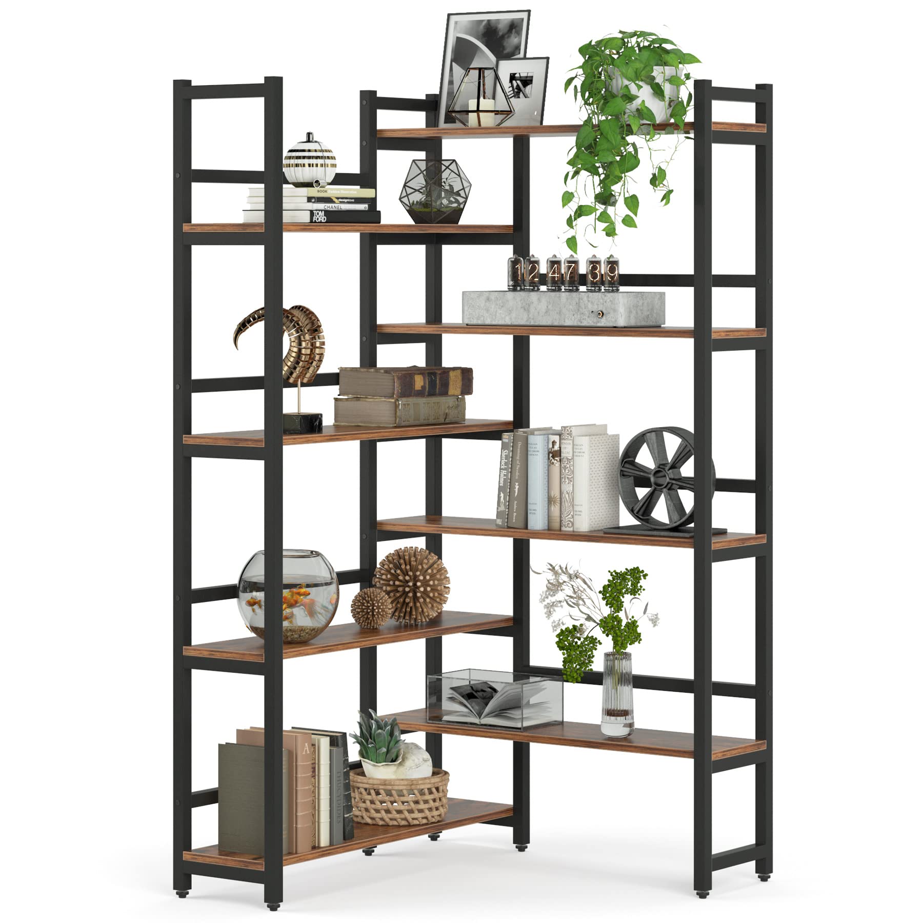 LITTLE TREE Corner Bookshelf 70.8” Tall Industrial Bookcase for Living Room Home Office