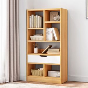 IOTXY Wooden Open Shelf Bookcase - 51" Height Freestanding Display Storage Cabinet Organizer with 7 Cubes and a Drawer, Floor Standing Bookshelf, Yellow