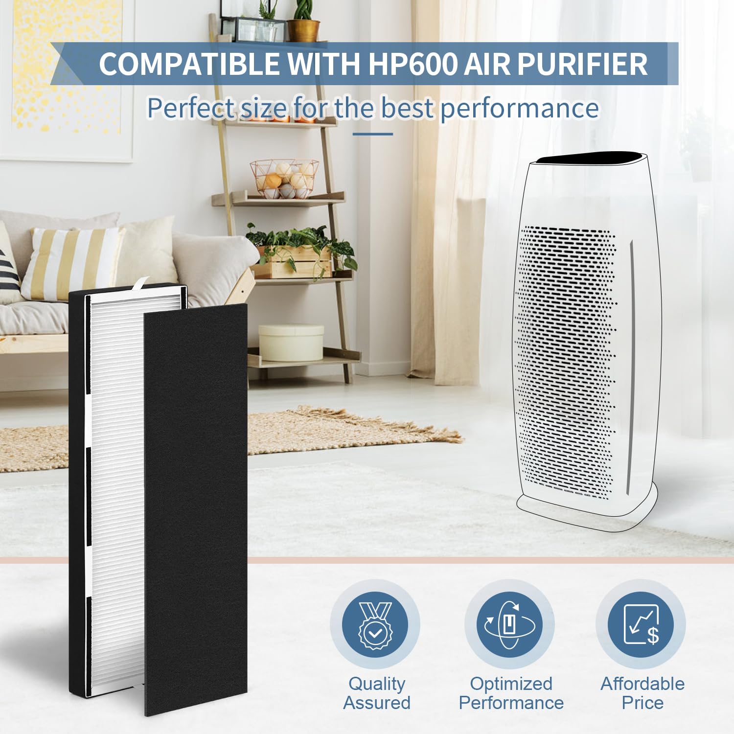 HP600 Filters Compatible with Hunter HP600 Tall Tower Air Puri-fier, 4-in-1 Hunter HEPA Filter Replacement HP600 Set with 1x H-HF600-VP H13 True HEPA Filter and 2x H-PF600 Coconut Carbon Pre-Filter