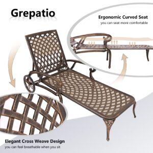 Grepatio Lounge Chairs for Outdoor, Patio Lounge Chaise Cast Aluminum Chairs with Cushion, Chaise Lounge Chair with Adjustable Backrest and Moveable Wheels for Pool Beach (Bronze Khaki Cushion*2)