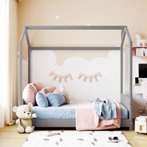 Bellemave House Beds Full Size Velvet Montessori Bed for Kids Upholstered Floor Bed Frame with Headboard & Footboard for Girls Boys Teens,Gray Velvet