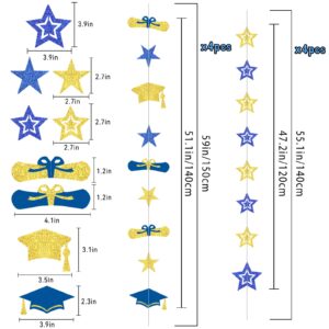 8-Pack 2024 Graduation Party Decorations - Blue Gold Glitter Backdrop with Cap, Diploma & Star Garland Banner Hanging Decor - Perfect for High School, College, and Middle School Graduation Parties