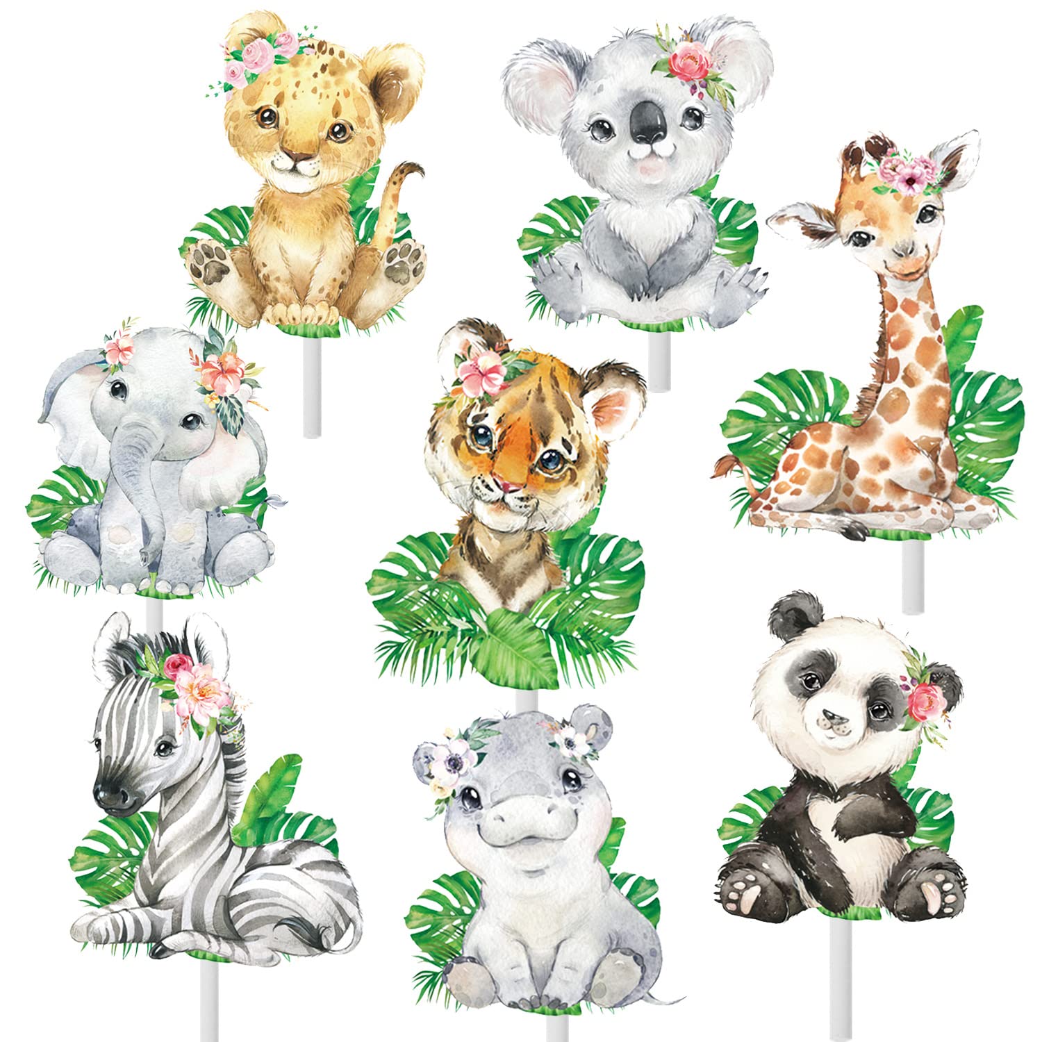 24pcs Jungle Safari Animal Cupcake Toppers Wild Animal Cake Toppers Jungle Party Decoration for Safari Jungle Theme Birthday Party Baby Shower Supplies