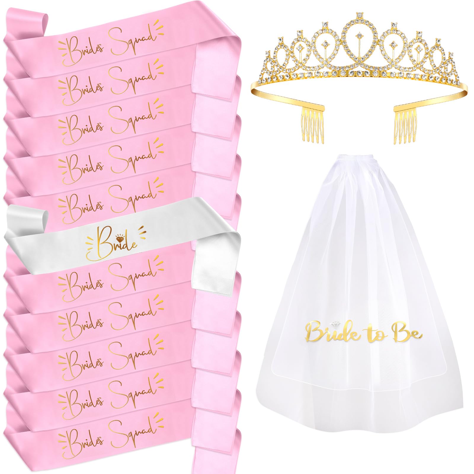 Jutom 14 Pcs Bachelorette Party Bridal Shower Decorations Kit, Include Bride Sash Bachelorette Sash Gold Rhinestone Crown Wedding Veils for Brides Bridesmaids Gift Wedding Bachelorette Party Supply