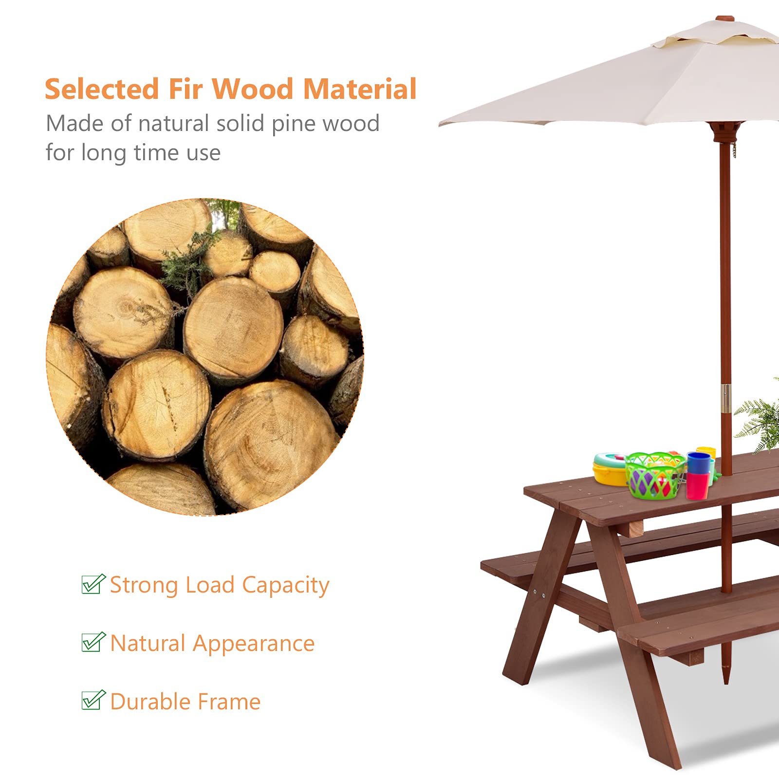 BETTARY Kids Picnic Table, Wooden Toddler Activity Table with Removable Umbrella, Children Backyard Furniture for Patio, Garden, Gift for Girls & Boys, Kids Table and Bench Set for Outdoors Indoors