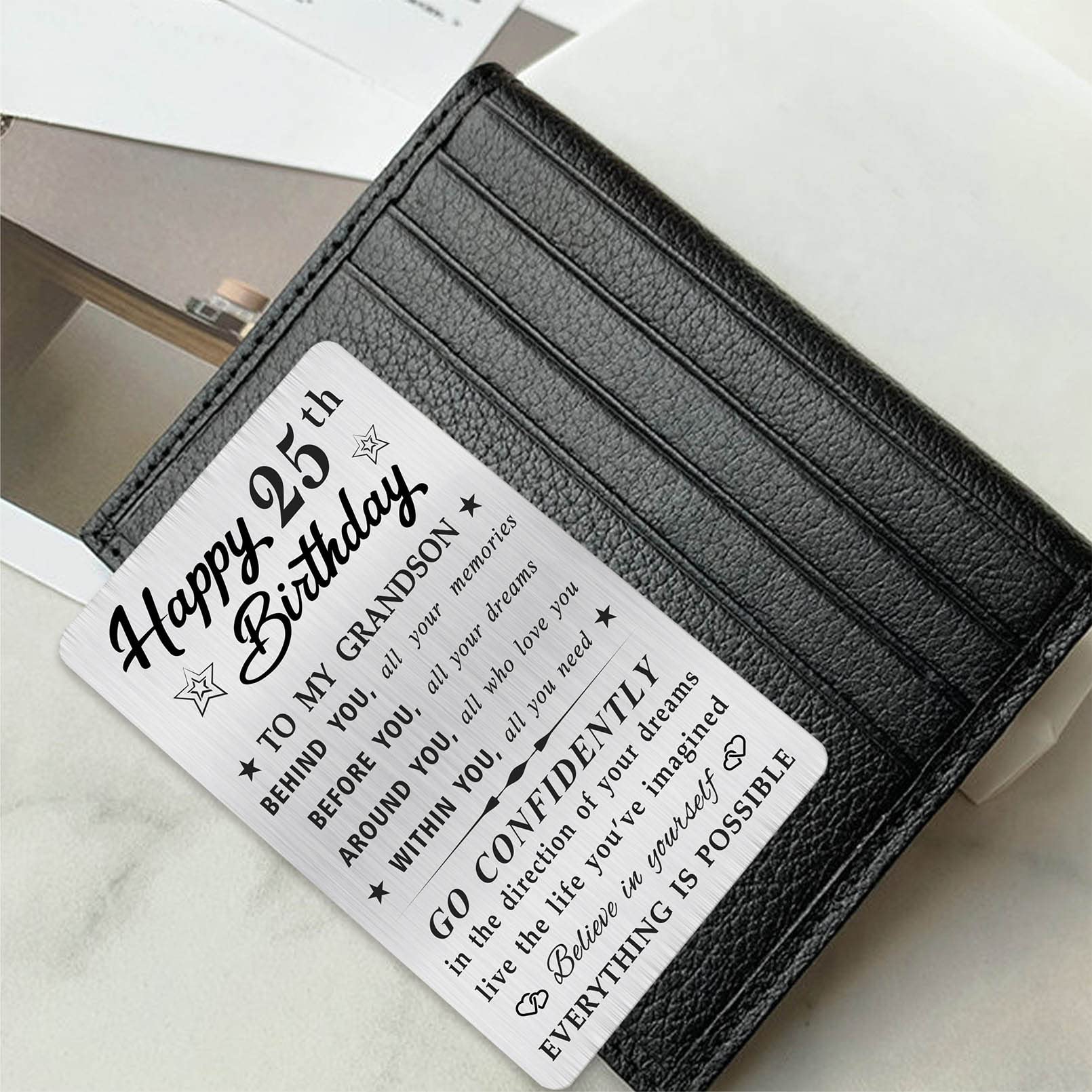 MOQIYXL Grandson 25th Birthday Card, Happy 25 Birthday Grandson Gifts Ideas, Small Engraved Wallet Card