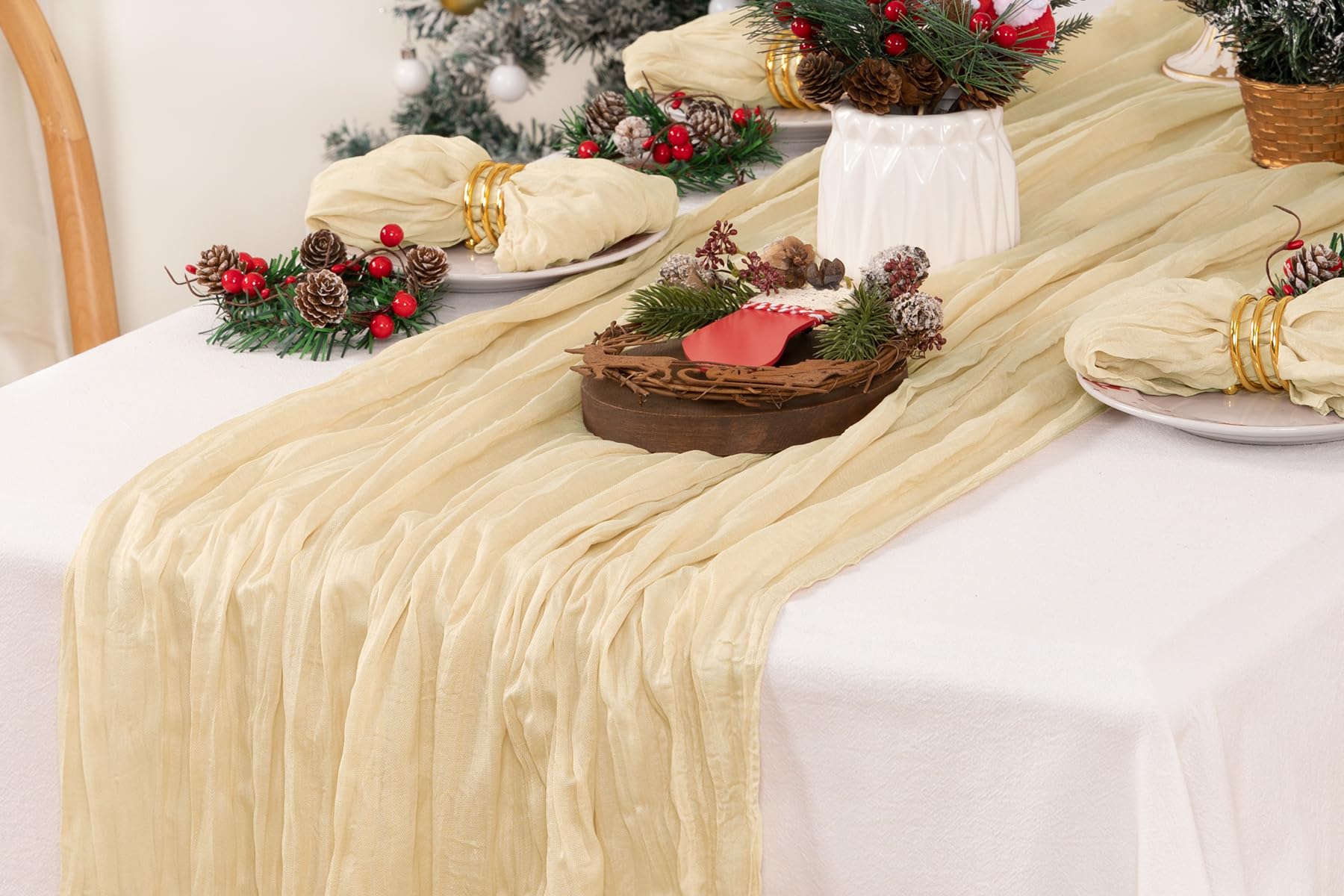 DeZerlor Christmas Table Runner Champagne Cheesecloth Table Runner Boho Gauze Table Runner 120 inches Long Winter Table Decor for Wedding Baby Shower Xmas Party Decorations