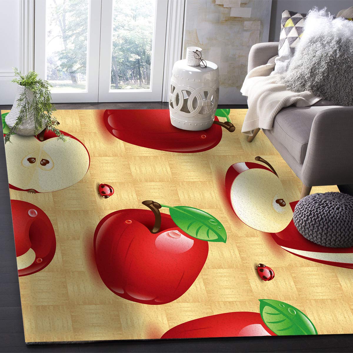 Red Apples Area Rug for Bedroom Living Room- Fresh Apples with Green Leaves Contemporary Floor Carpet Comfy Runner Rug Nursery Playmats Farm Fruit Home Decor Mat, 4'x6'