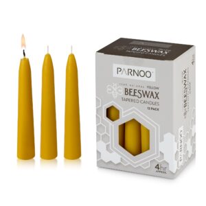 parnoo 100% natural yellow beeswax 5 inch tall tapered candles, 4 hours burn time - pack of 12 (dripless and smokless)